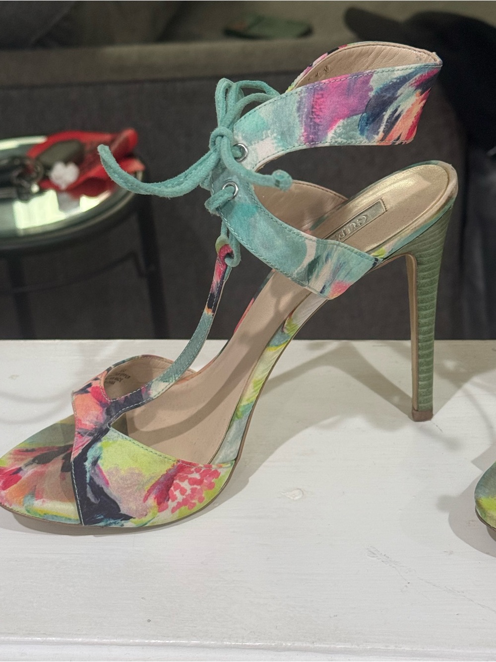 Guess Floral Multi-Color Lace-Up Stiletto Sandals - Aqua Pink Green